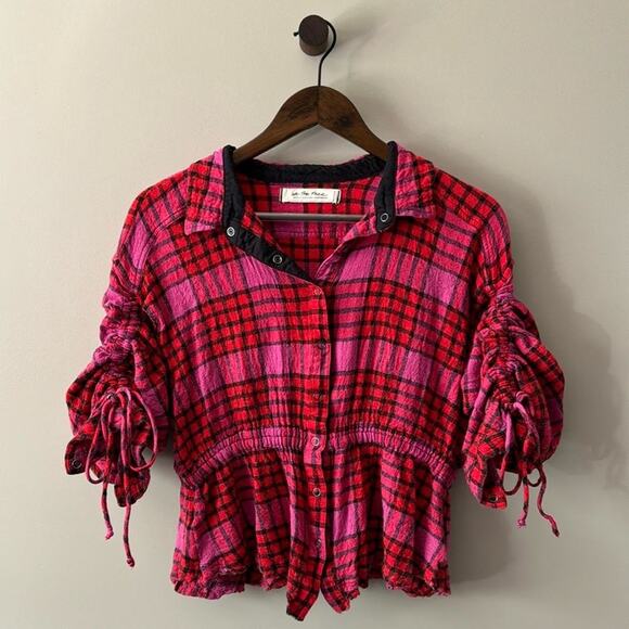 We the Free People Pacific Dawn Plaid Peplum Blouse Size Medium Pink & Red - Picture 5 of 12